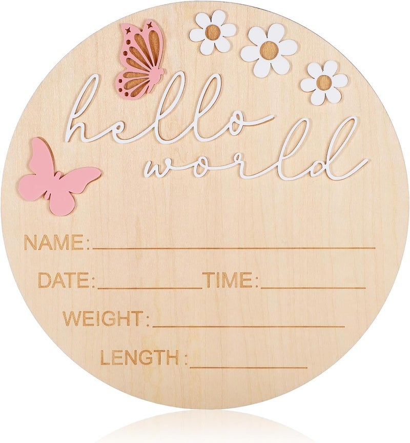 Ajcotahm Hello World Newborn Sign, 5.9 Inch Wooden Baby Announcement Sign Pink Butterfly Style Birth Welcome Board for Newborn Boys Girls Photo Props Baby Shower Hospital Nursery (White) - Image 1